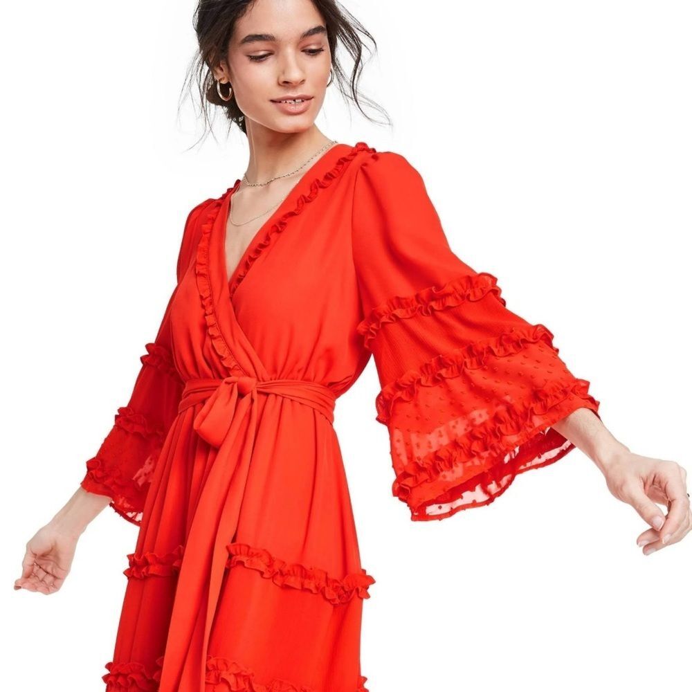 ALEXIS for Target Red Tiered Ruffle Wrap Maxi Dress Dotted Swiss Flare Sleeve S